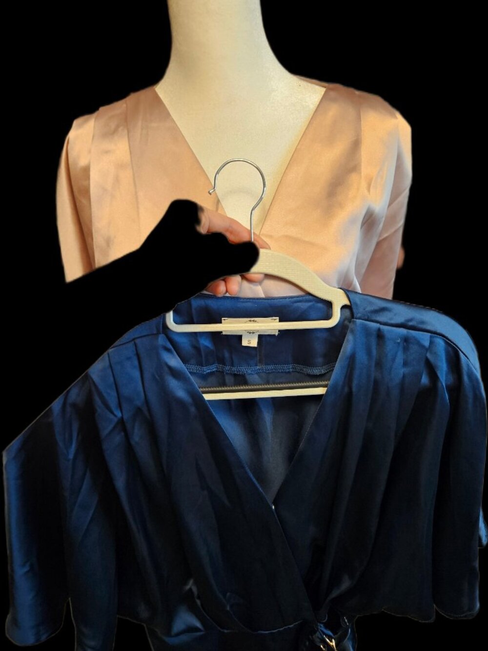 Size S Satin Wrap Tops Pair (2) NWT Champagne Navy Gold Ring Waist